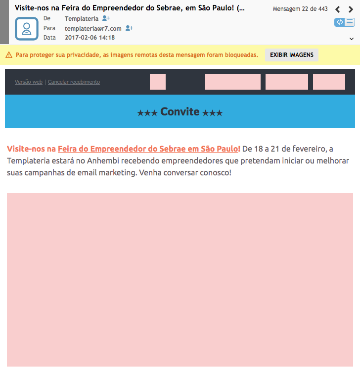 Demonstração do bloqueio de imagens de um email marketing no webmail do R7.