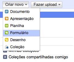 Para criar um novo formulário de pesquisa no Google Docs, vá no menu Criar Novo > Formulário