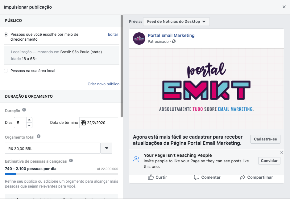 Detalhe do processo de criação de um anúncio no Facebook para uma página que usa o botão "cadastre-se" como call-to-action
