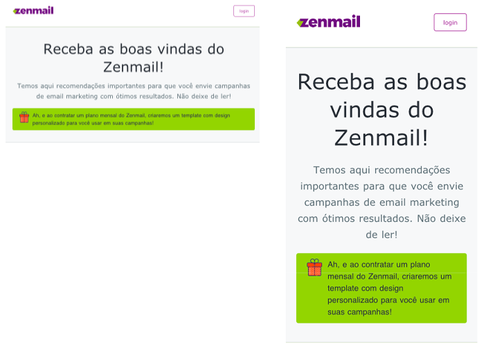 Comparação entre os layouts de um email marketing responsivo e um não responsivo