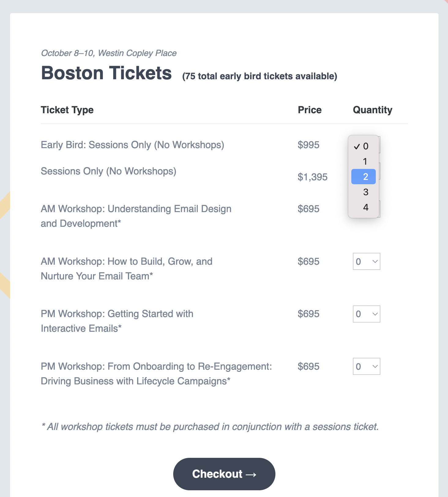 Exemplo de email marketing enviado pela Litmus com formulário interativo para a compra de ingressos para um de seus eventos.