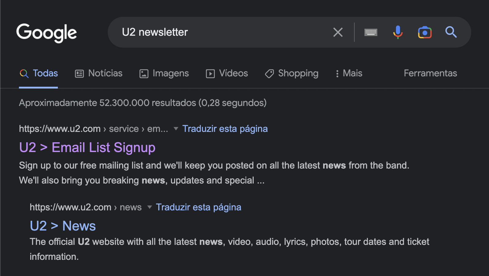 Resultados de uma busca no Google por "U2 Newsletter"