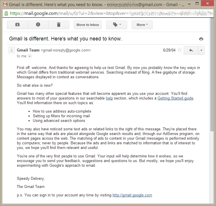 Email de invite ou convite para usar o Gmail, à época de seu lançamento