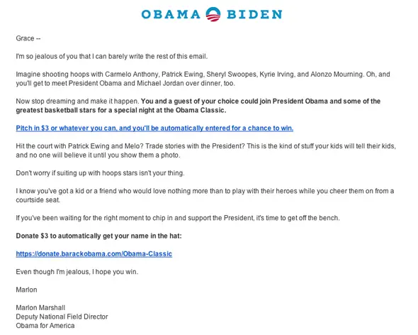 Email marketing de uma das campanhas presidenciais de Barack Obama
