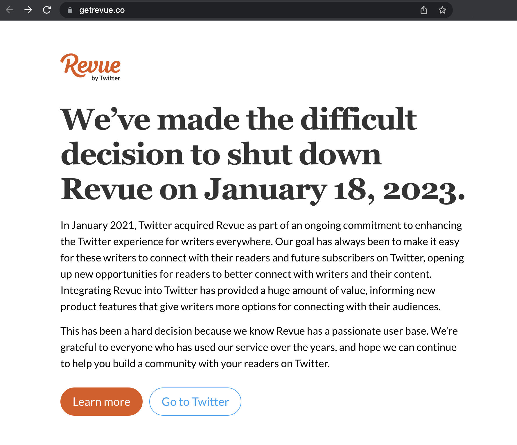 Aviso de encerramento das operações da plataforma Revue do Twitter