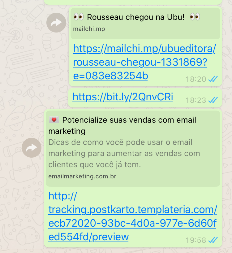 Exemplos de URLs com open graph configurada e como aparecem quando enviadas pelo Whatsapp